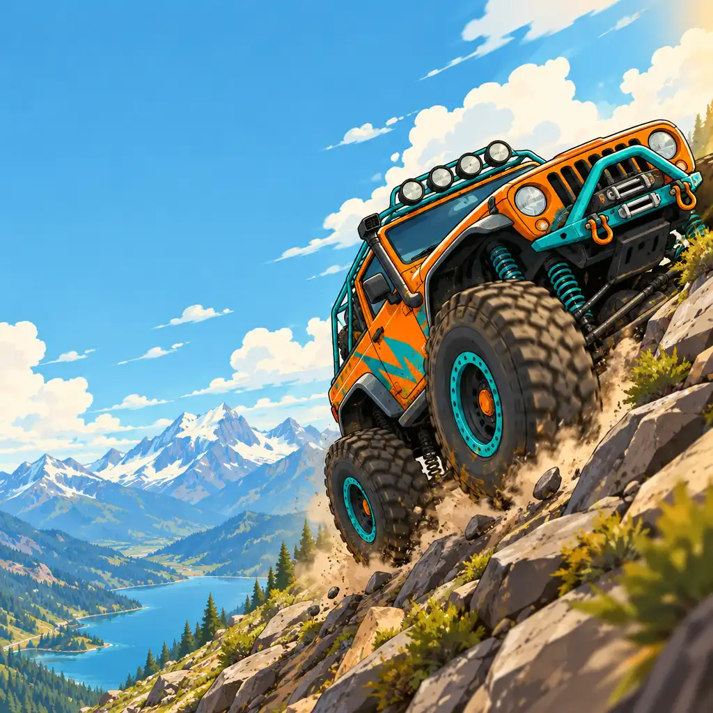 Kreskówkowy pojazd terenowy wspinający się po stromym, skalistym zboczu w grze Hill Climb Racing 2