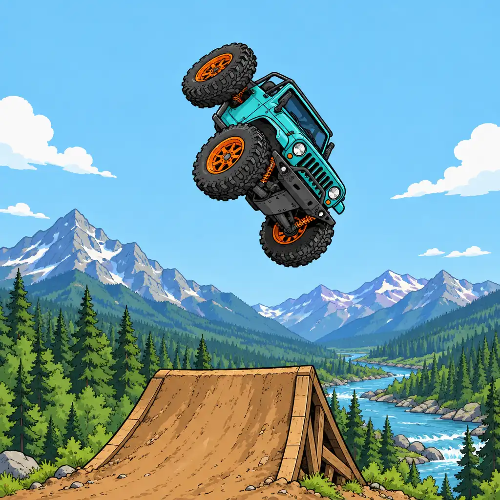 Kreskówkowy pojazd terenowy wykonujący salto w powietrzu nad rampą w grze Hill Climb Racing 2
