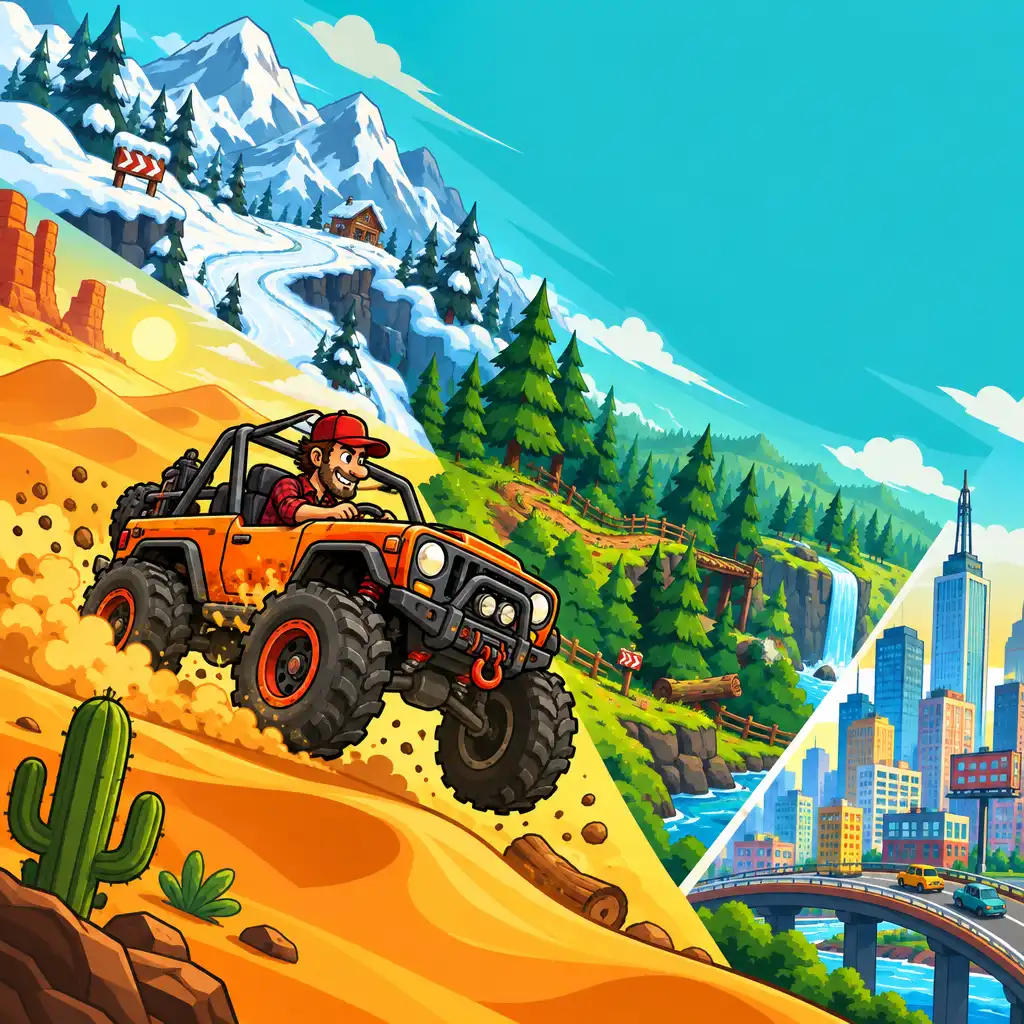 Kreskówkowa ilustracja różnorodnych środowisk tras w Hill Climb Racing 2: pustynia, góry, las i miasto z pojazdem terenowym w akcji